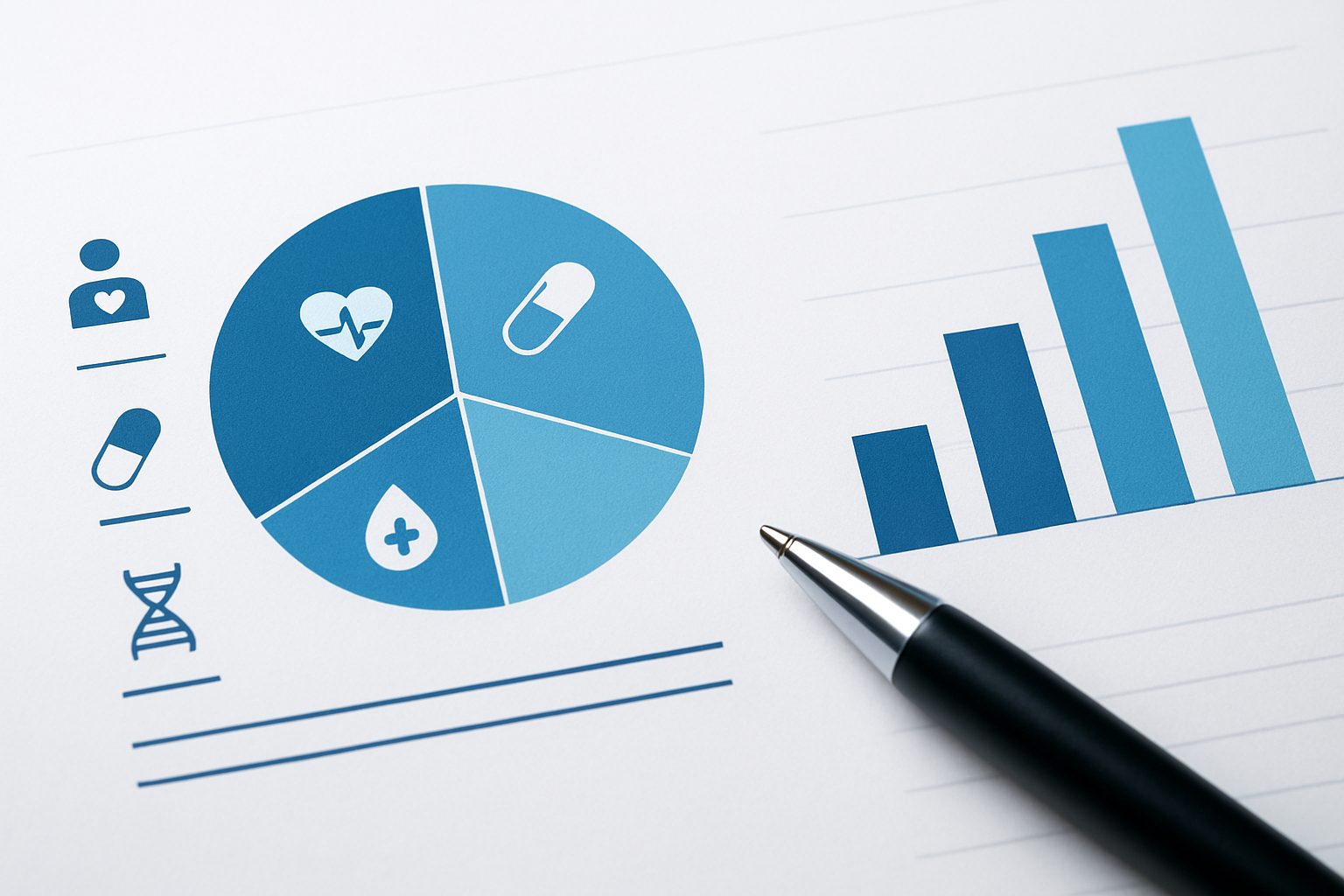 A pie chart with healthcare icons and a bar graph on a white surface next to a pen.